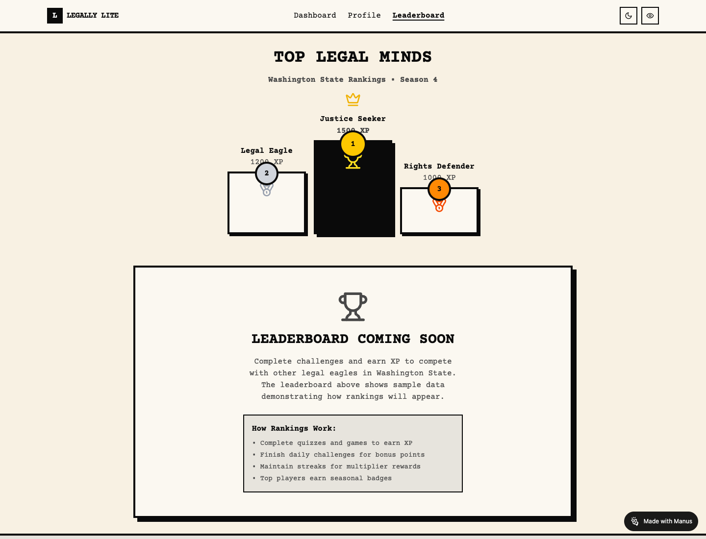 Legally Lite leaderboard screen showing ranking, XP, and challenge-based progression.