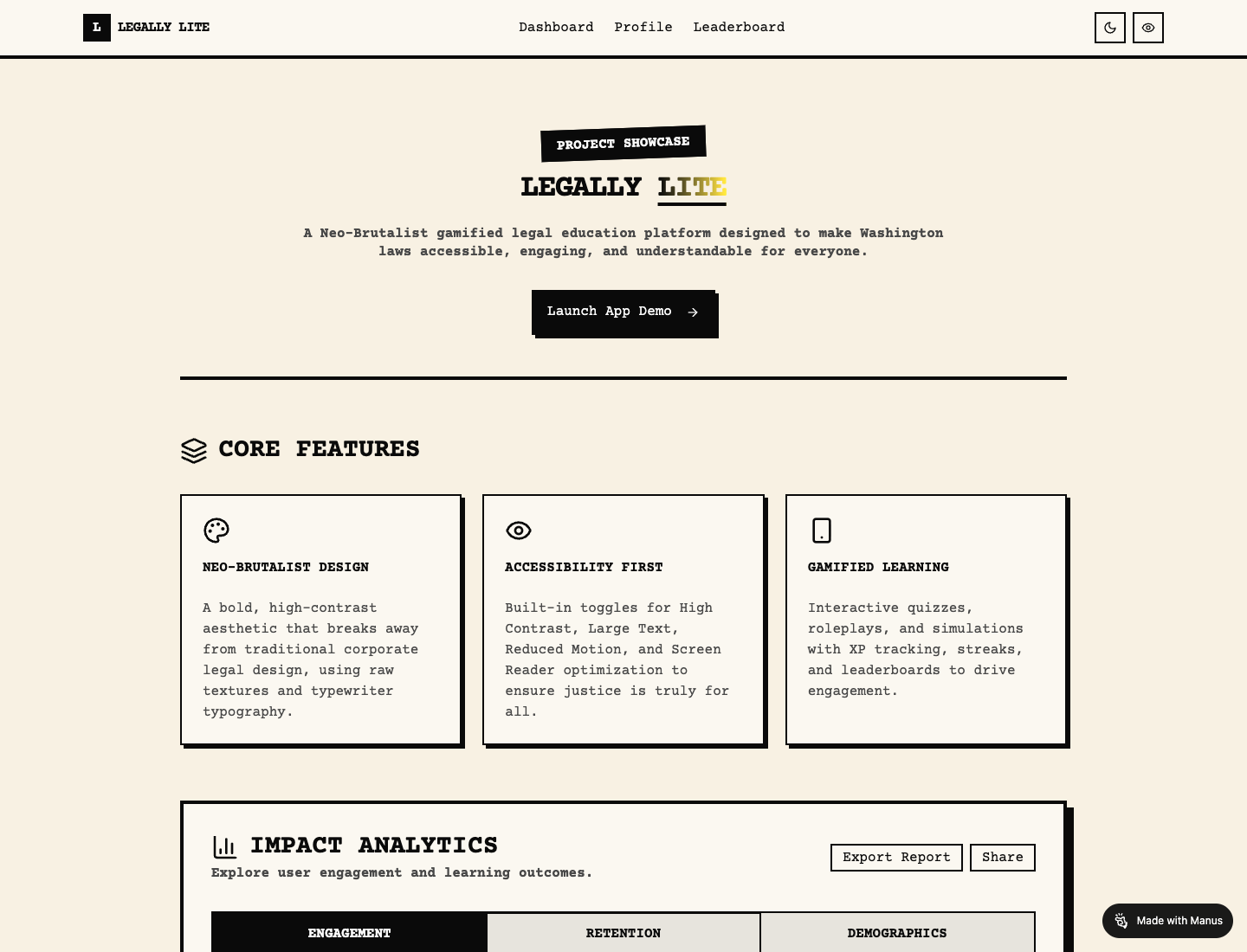 Legally Lite project showcase screen explaining features and the app demo.