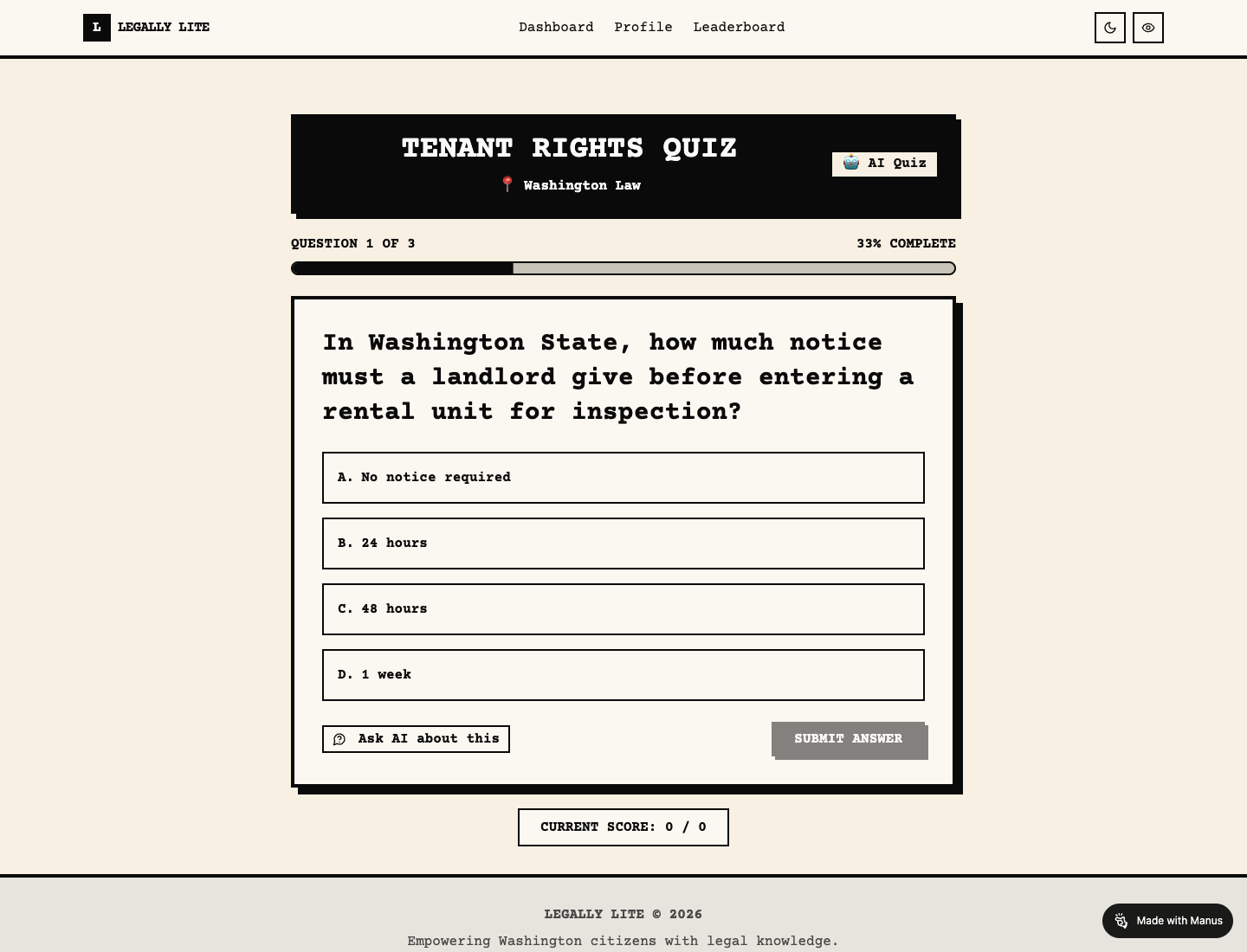 Legally Lite tenant rights quiz screen with a Washington law question and answer options.